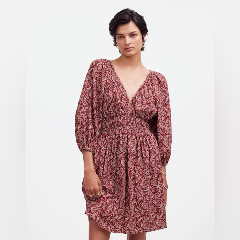 Puff-Sleeve V-Neck Mini Dress in Paisley Floral